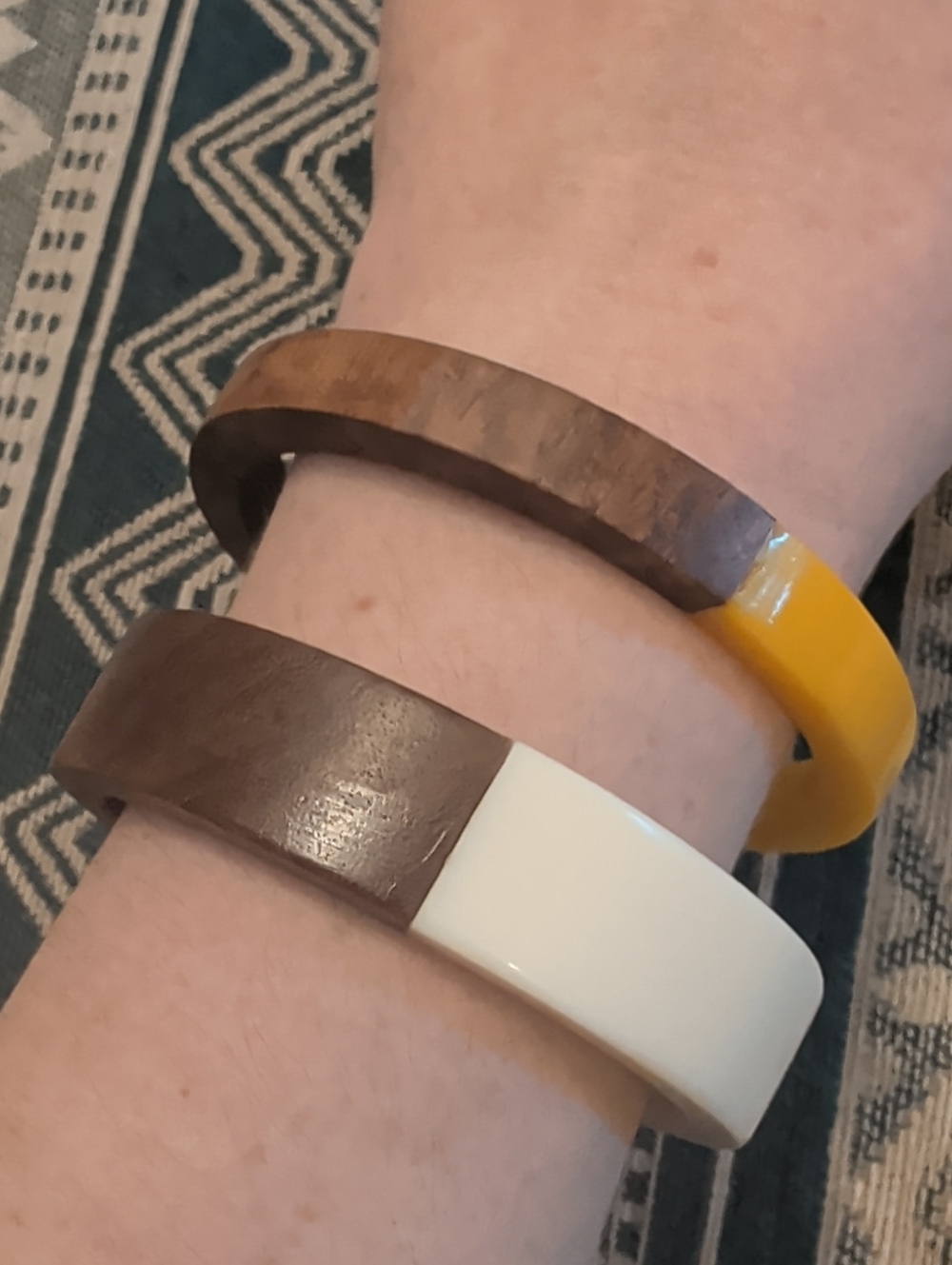Stacked Wood and Resin Bangle Bracelets — Brown, White, Yellow